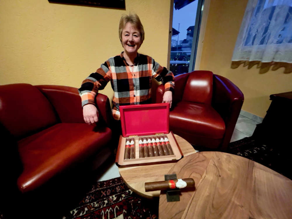 Susanne with her box of 10 Davidoff Year Of The Ox