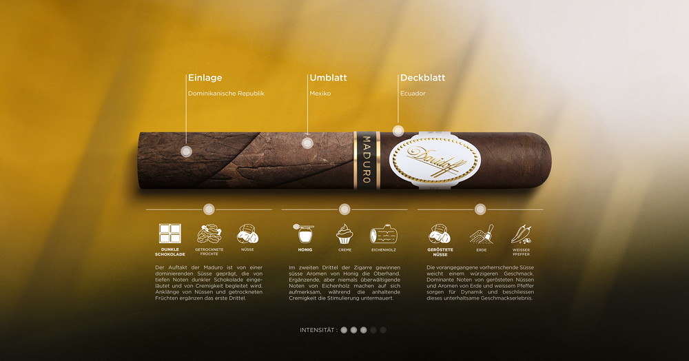 To create the sweet notes that are typical of a true Maduro taste experience, Davidoff has invested 16 months of fermentation and 2 years of ageing in this cigar.